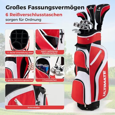 Набір жіночих гольф-клубов COSTWAY (9/11 шт.), комплект для правші з чохлом від дощу, включає драйвер, фейрвеї, гібриди, залізо та паттер (червоний)