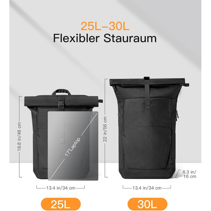 Рюкзак Inateck RollTop 25-30 л з відділенням для взуття, для ноутбука 17'' для чоловіків і жінок, чорний