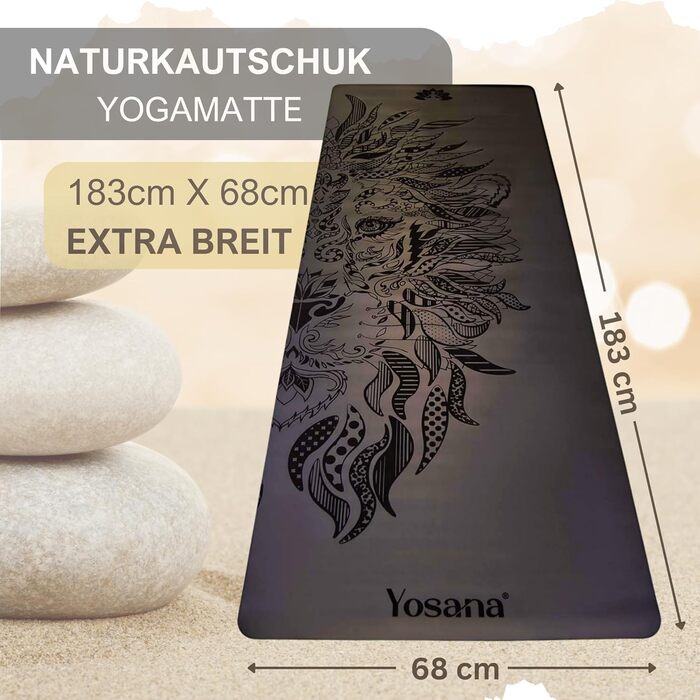 Йога мат Yosana з натурального каучуку | надзвичайно неслизька | поверхня ULTRA GRIP з ECO PU | extra широка 68 см | з ремінком для перенесення | мат для йоги 183x68 см | 4 мм товщина, чорний, Лев