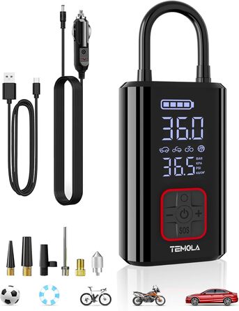 Електричний компресор TEMOLA 12V з LED, манометр 150 PSI, портативний акумуляторний насос-автомат для авто, велосипедів, мотоциклів і м'ячів