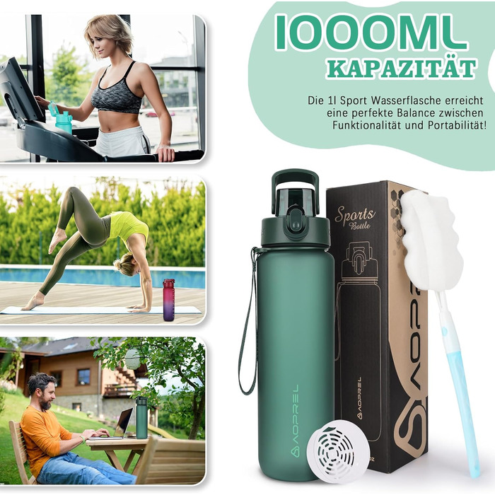 Спортивна пляшка для води AOPREL 1Л з фільтром, Tritan BPA-free, герметична пляшка для фітнесу, походів та офісу, зелена