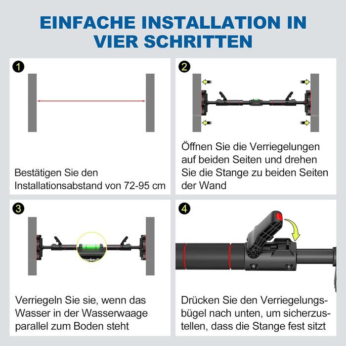 Кімнатна турнік MonkeyTail для дверного прорізу 72-95 см, без свердління, з 360° замком та PVC-килимком, вантажопідйомність 150 кг, багатофункціональний турнік