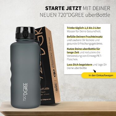 Пляшка спортивна 720°DGREE 'uberBottle' з ситечком, 1.5л, чорна - BPA-Free, для спорту, школи, фітнесу, велосипеда, прогулянок. Легка, Tritan