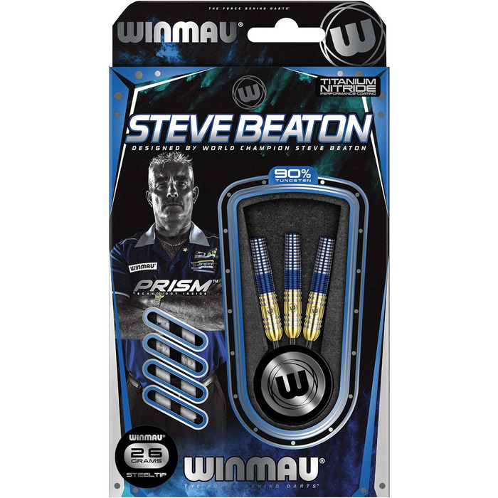 Дротики для дартсу WINMAU Steve Beaton 26 г, професійні, вольфрамові, з сталевим вістрям, набір з оперенням та держателями