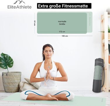 Килимок для йоги та фітнесу EliteAthlete, 183x61x0,6 см, м'який, нековзкий, з ременем і чохлом, м'ятний