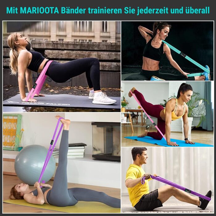 Набір з 3 еластичних стрічок для фітнесу - для м'язів, йоги, пілатесу - сині, рожеві, фіолетові - з сумкою