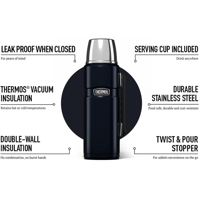 Термос сталевий King Thermosflasche блакитний 1,20л - нержавіюча сталь, абсолютно герметичний, з чашкою та ручкою, 12 год гарячий & 24 год холодний, придатний для миття в посудомийній машині, без BPA, блакитний 1200 мл