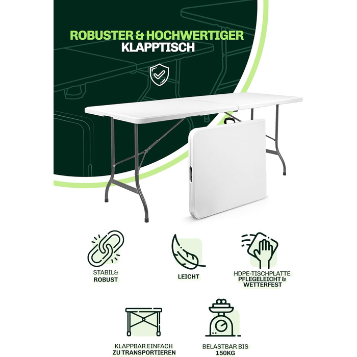 Складаний туристичний стіл Blumixx 180x74x74 - Легкий, стабільний, для кемпінгу, саду, балкону, фестивалів та відпочинку на природі. Погодні умови, 1 шт.