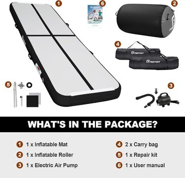 FBSPORT Килимок для гімнастики та йоги надувний, 400x100x10 см, з ролею, чорно-сірий