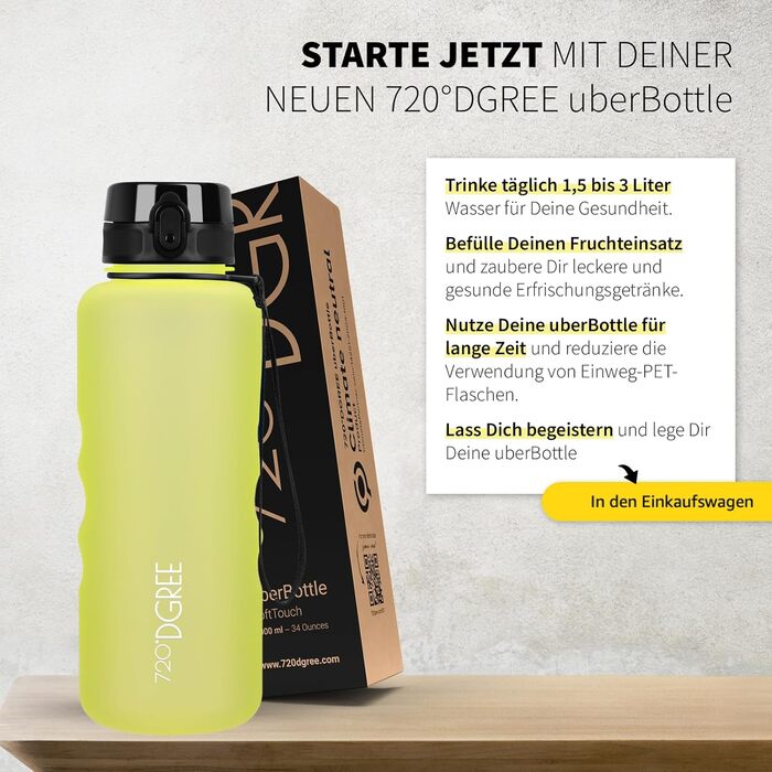 Пляшка спортивна 720°DGREE 'uberBottle' з ситечком, 1.5 л, жовта (лимонна) - BPA-Free, для спорту, школи, фітнесу, дітей, велосипеда, прогулянок, Tritan