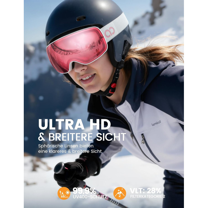Ламмікал - Скі-маска для чоловіків та жінок, сноуборд маска з OTG - [Ultra HD, широке поле зору] - Анти-туманна скі маска для людей у окулярах, дзеркальна сноуборд маска, скі маска UV400 з захистом від відблисків (Покращена - біла рама - рожевий колір (VL