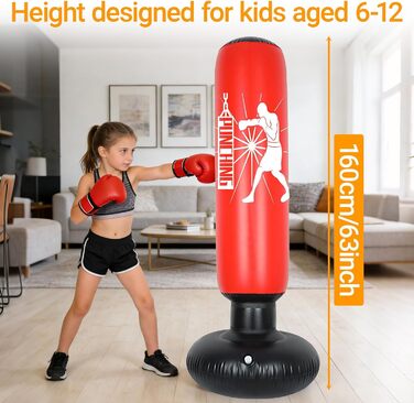 Боксерський мішок дитячий надувний 160 см для хлопчиків та дівчаток 6-12 років, стійкий, для карате, кікбоксингу, тхеквондо