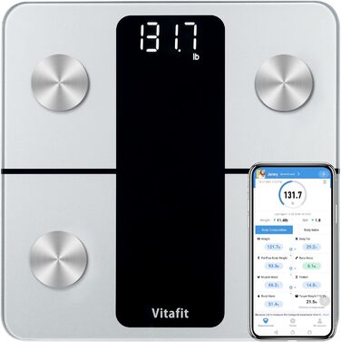 Ваги для вимірювання жиру та м'язової маси Vitafit з Bluetooth, аналіз складу тіла, додатком, індексом маси тіла, білками, BMR, сріблясті