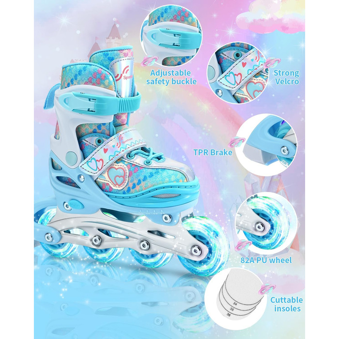 Дитячі ролики Inliner Sportneer, 30-41 розмір, комплект з 6 захисниками, LED, блакитний, для дівчаток та жінок