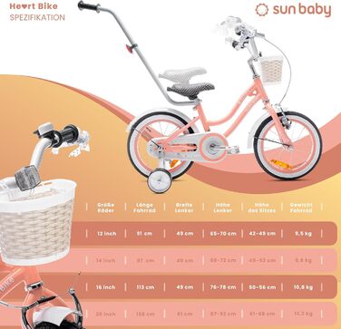 Дитяче велосипед Sun Baby Heart Bike 14 дюймів для дівчаток 2-6 років, знімний ручка-штовхач, кольоровий (Абрикос)