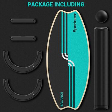 Sportneer Баланс Борд для Дорослих – 7-в-1 Дошка для Балансування, Серфінгу та Фітнесу, Дерев'яна, для Тренування, Реабілітації та Координації, з Роликом та М'ячем, Жовтого та Чорного кольорів (M, Синій та Чорний)