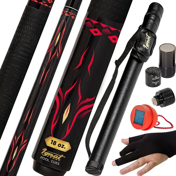 Набір для більярду IgnatGames 2 шт. – 18/19/20/21 oz. Канадійський клен, професійні кийки для більярду з кобурою, інструмент для наконечника 3-в-1, рукавичка для 3 пальців та тримач крейди (510 мл, червоний)