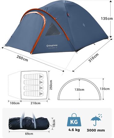 Намет KingCamp для 4 осіб: просторий, водонепроникний (PU3000mm), 4-сезонний, ультралегкий для кемпінгу, трекінгу та відпочинку на природі (Marineblau)