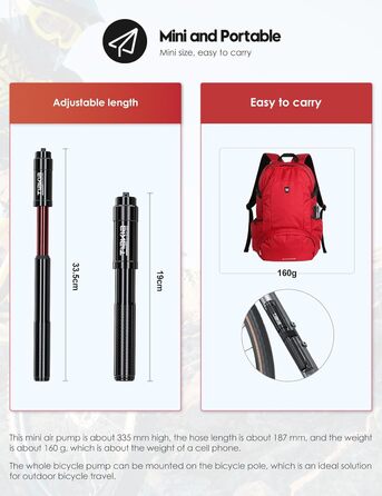 Насос для велосипеда Tiakia Mini 260PSI: компактний ручний насос для Presta, Schrader, Dunlop вентилів. Підходить для BMX, MTB, шосе, електровелосипедів. З кріпленням. Чорний.