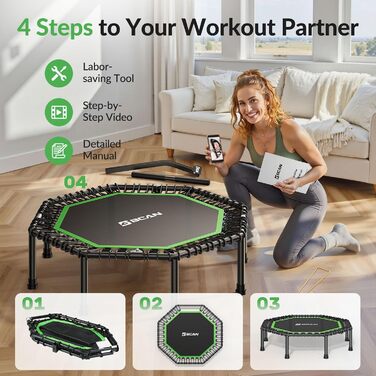 Трамплін для фітнесу BCAN, діаметр 102/122/130 см, з пружинами/ bungee-шнурами, для дорослих до 250 кг, з регульованими ручками, тихий та з низькою вібрацією, зелений/чорний
