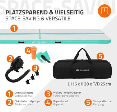 Гімнастичний мат Airtrack ECD Germany для тумблінгу та фітнесу, надувний мат для гімнастики 500x100x10 см, м'ятно-зелений, з електричним насосом та сумкою