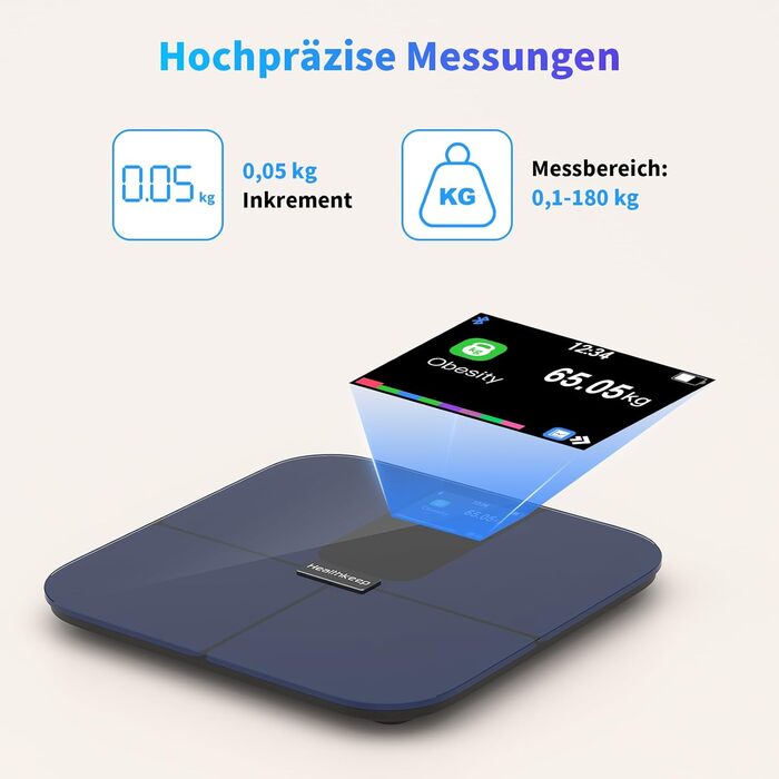 Розумні ваги Healthkeep з Bluetooth, TFT-дисплеєм, ITO, вимірюванням 25 параметрів тіла та пульсу, для Android і iOS, до 180 кг, сині