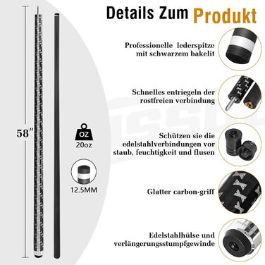 Більярдний кий з карбону, 58 дюймів, наконечник 12.5 мм, вага 20/21 унція, аксесуар для більярду C4706-200Z