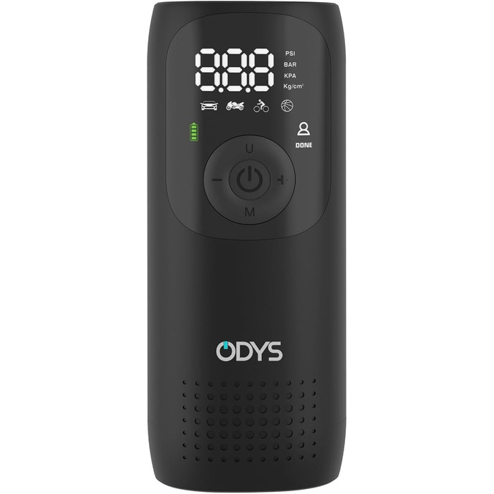 ODYS FlexPump акумуляторний портативний електричний компресор-насос для авто, мотоцикла, велосипеда, самоката, м'ячів (0-10 Бар, 0-150 PSI, 2000 мАг, зарядка USB-C, цифровий дисплей, LED-підсвітка)