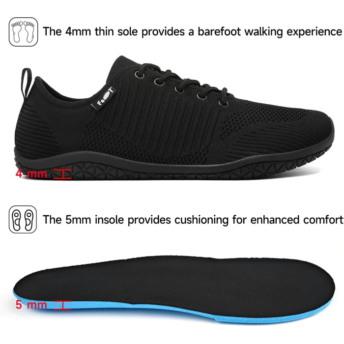 Geweo Кросівки для відпочинку та бігу без шкарпеток для жінок та чоловіків, широка носок, підошва Zero-Drop, легкі, дихаючі, антиковзкі, розмір 37-47, чорний