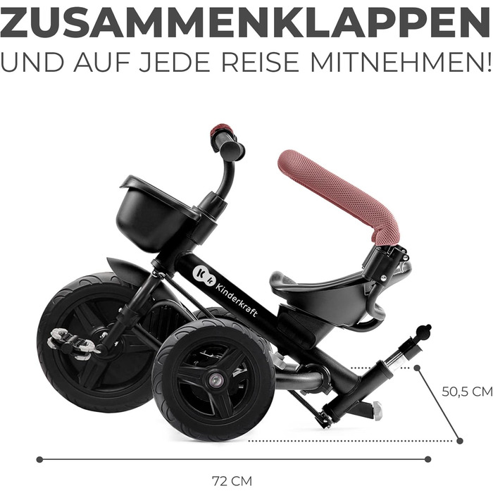 Триколісний велосипед Kinderkraft Aveo для дітей від 9 місяців до 25 кг, з батьківською ручкою, компактно складався, поворотне сидіння, розкладний капюшон з сонцезахистом, з підстаканником та кошиком, Рожевий CLASSIC Pink