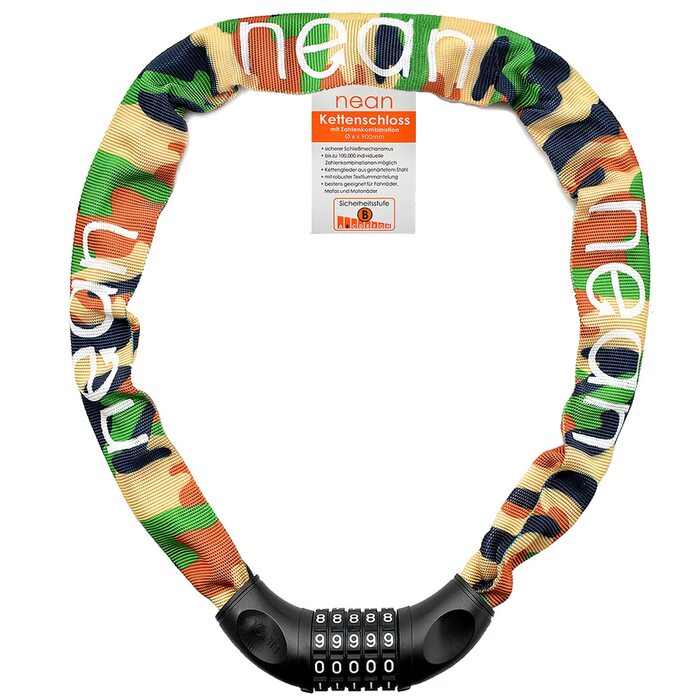 Надійне велозамкне Nean з кодовим замком та високим рівнем захисту, стале ланцюгове замкне, 6 мм x 900 мм (Камуфляж)