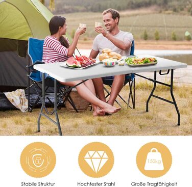Складаний стіл RELAX4LIFE з ручкою для перенесення, 153 x 74 x 74 см, білий. Витримує до 150 кг. Ідеальний для кемпінгу, саду, балкону, пікніків та ринку.