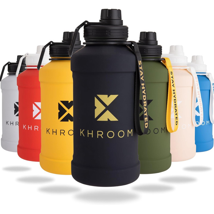 Фляга для води Khroom Edelstahl 1.3L та 2.2L: металева, для спорту, з нержавіючої сталі, без BPA, витримує CO2, миється в посудомийній машині, Outdoor, 2L, XXL, зелена/чорна
