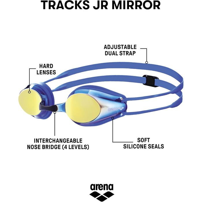 Дитячі змагальні дзеркальні окуляри для плавання arena Tracks Junior з антифогом, UV-захистом, 4 змінними переніссями, силіконові, сині-жовті