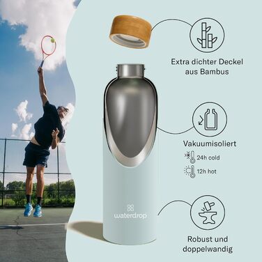 Waterdrop сталева термос-пляшка 600 мл, подвійні стінки, герметична, для газованої води, зберігає холод до 24 годин, тепло до 12 годин