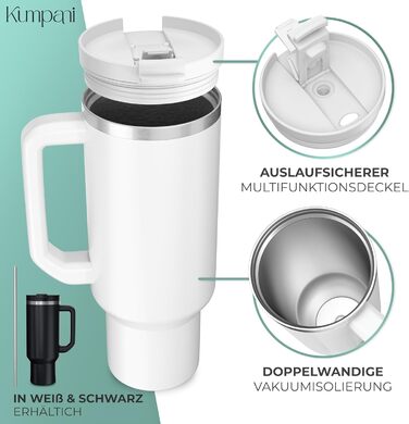 Термочашка Kumpani 1,1 л з ручкою і кришкою, ізольований питний стакан з трубочкою, герметичний, BPA-free, для гарячих і холодних напоїв, ідеально для дому та подорожей, білий
