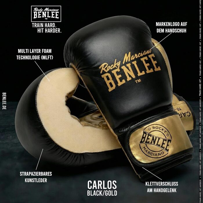 Боксерські рукавички BENLEE Carlos 16oz чорно-золоті для тренувань (бокс, кікбоксинг, спаринг) з гелевою накладкою та липучкою