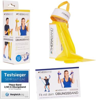 Theraband Оригінальні фітнес-стрічки 2,5 м, 100% натуральний латекс, жовті, для реабілітації, тренування м'язів, загального фітнесу, з чохлом та інструкцією