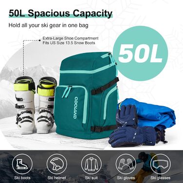 Сумка для лиж Odoland Skitasche Set, водонепроникна, для подорожей, вміщує лижі до 200 см, для чоловіків та жінок (Pfauenblau)
