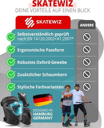 Набір захисту SKATEWIZ 6 шт. для дітей та дорослих - наколінники, налокітники, захист зап'ястків, чорний Protect-1 XS