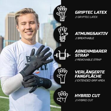Воротарські рукавички GRIPMODE Blackout Hybrid 2.0 з Griptec® латексом для футболу, для дітей, підлітків і дорослих, всепогодні, розміри 7-11