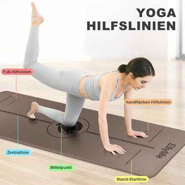 Килимок для йоги та пілатеса з еко-каучуку та TPE, протиковзкий, з лініями розмітки та ременем для перенесення, коричневий, 4мм