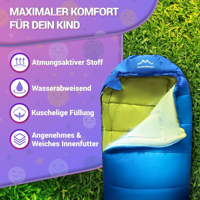 Дитячий спальний мішок Alpenwert® для літа – росте разом з дитиною! [130–170 см] – Вага 920 г, компактний [32×19 см] – Ідеально для кемпінгу, фестивалів, відпочинку на природі – Спальний мішок-кокон від 6 років (блакитний/неоновий жовтий)