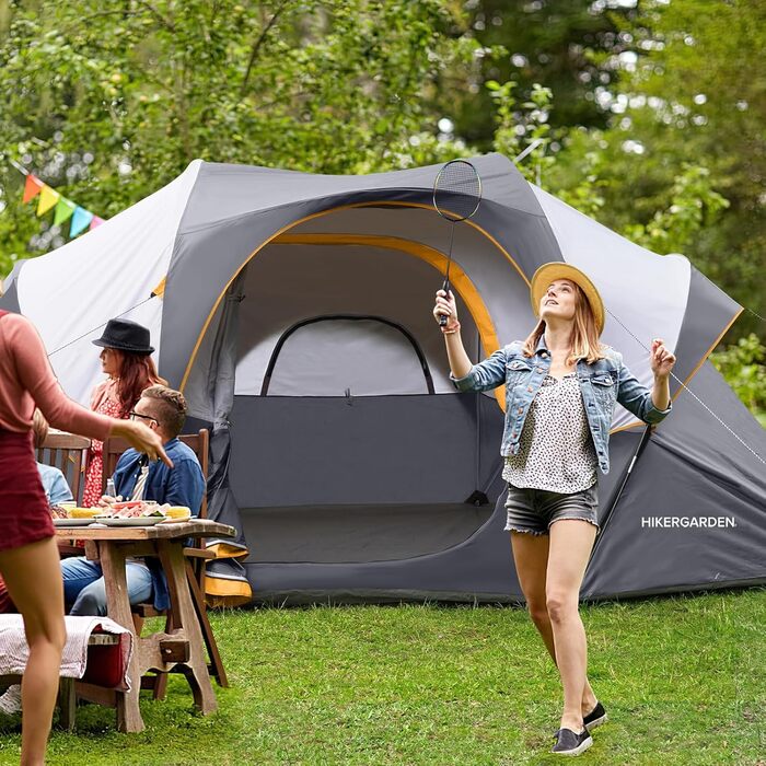 Намет кемпінговий HIKERGARDEN для 6-10 осіб сірий 420x330x180 см - легкий, швидкозбірний сімейний намет для кемпінгу