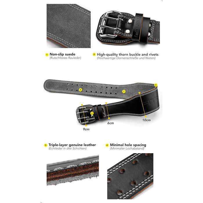 Fitgriff® Класичний пояс для важкої атлетики - 100% шкіра - для жінок та чоловіків - пояс для бодібілдингу, силових тренувань, важкої атлетики - Чорний (4 дюйми)