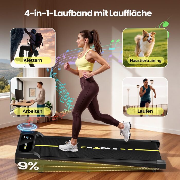 Бігова доріжка CHAOKE Walking Pad з нахилом 9%, потужність 2.75 к.с., швидкість 1-10 км/год, керування через APP, вбудовані динаміки та LED-дисплей, чорно-жовта