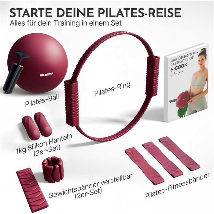 Набір для пілатесу Neolymp для дому: м'яч, кільце, гантелі, стрічки, E-book + килимок для йоги (Berry)