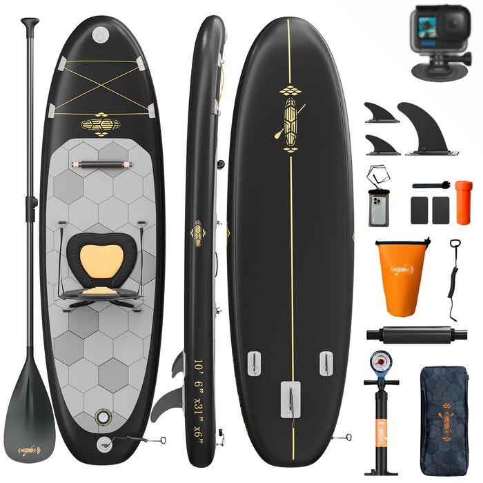 Надувний SUP борд Devoko 320x80x15 см з аксесуарами (2-в-1: SUP та каяк), для серфінгу, риболовлі, йоги, чорний