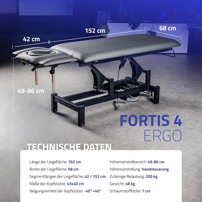 Електричне масажне ліжко HABYS Fortis 4 Ergo, 4-сегментне, для терапії, косметології, 192x68 см, регульована висота