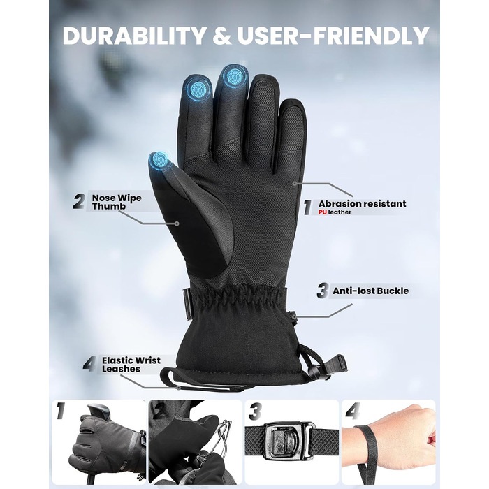 Чоловічі гірськолижні рукавички Outdooraster з ізоляцією Thinsulate, теплі зимові рукавички для спорту та відпочинку (Чорні, S)